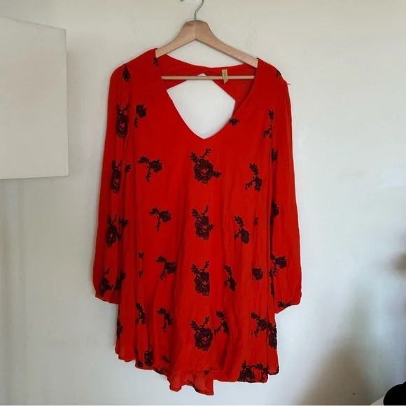 Free People Austin Emma Embroidered Mini Swing Dress In Blood Orange - Picture 3 of 6